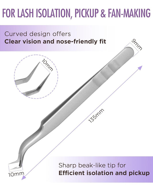 Volume Lash Tweezers Beyelian Lash Tweezers For Eyelash Extensions, Curved L High Precision Tip For Mega Fans, Stainless Steel As09 Silver