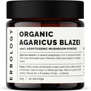 Erbology Organic Agaricus Blazei Mushroom Powder 50 Servings - 25% Beta-glucans - Immunity and Heart Support - Small Batch - Sustainably Grown in Europe - Vegan - Non-GMO - No Added Fillers