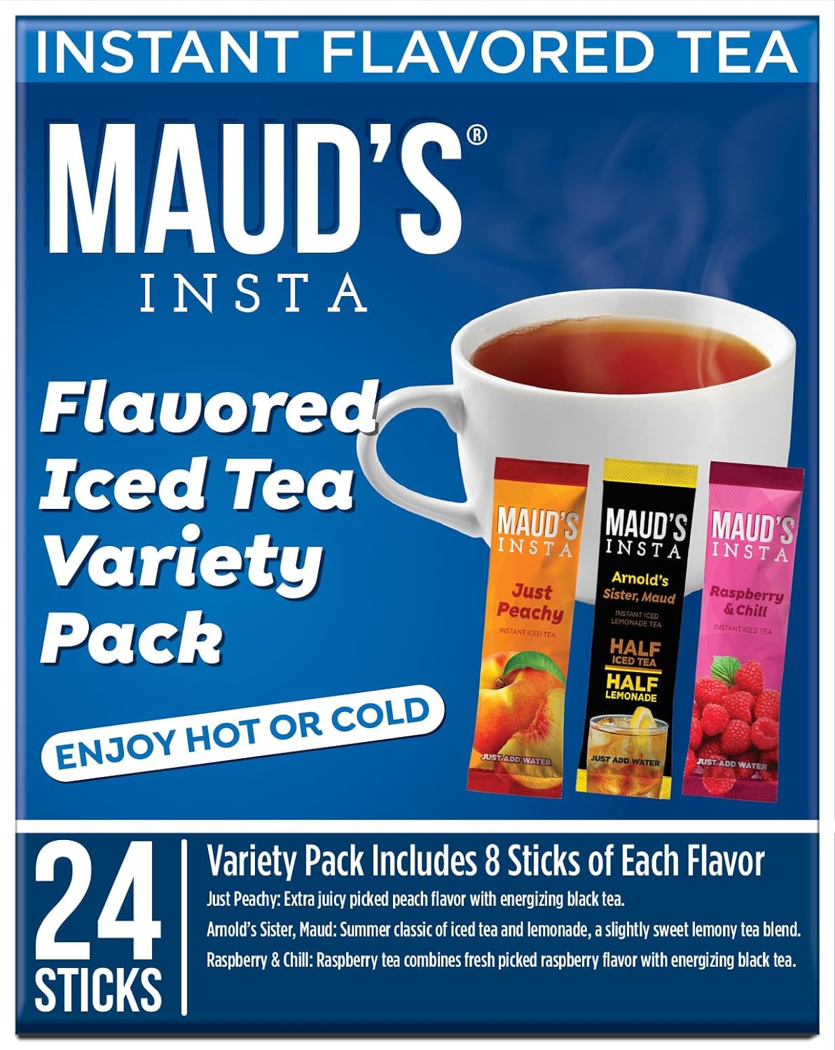 Maud'S Instant Tea Variety Pack, 24 Ct, Lemonade, Peach & Raspberry Flavored Iced Tea Powder Packets, Instant Hot Or Iced Tea - Just Add Water