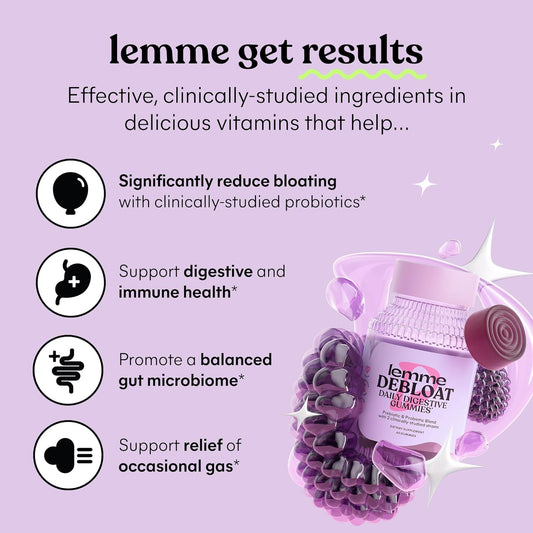 Lemme Debloat - Digestive & Gut Health Gummies with 2 Clinically Studied Probiotics & Prebiotic, 3 Billion CFUs - Vegan, Gluten Free, Non GMO, BlackBerry Flavor (60 Count) (Pack of 2)