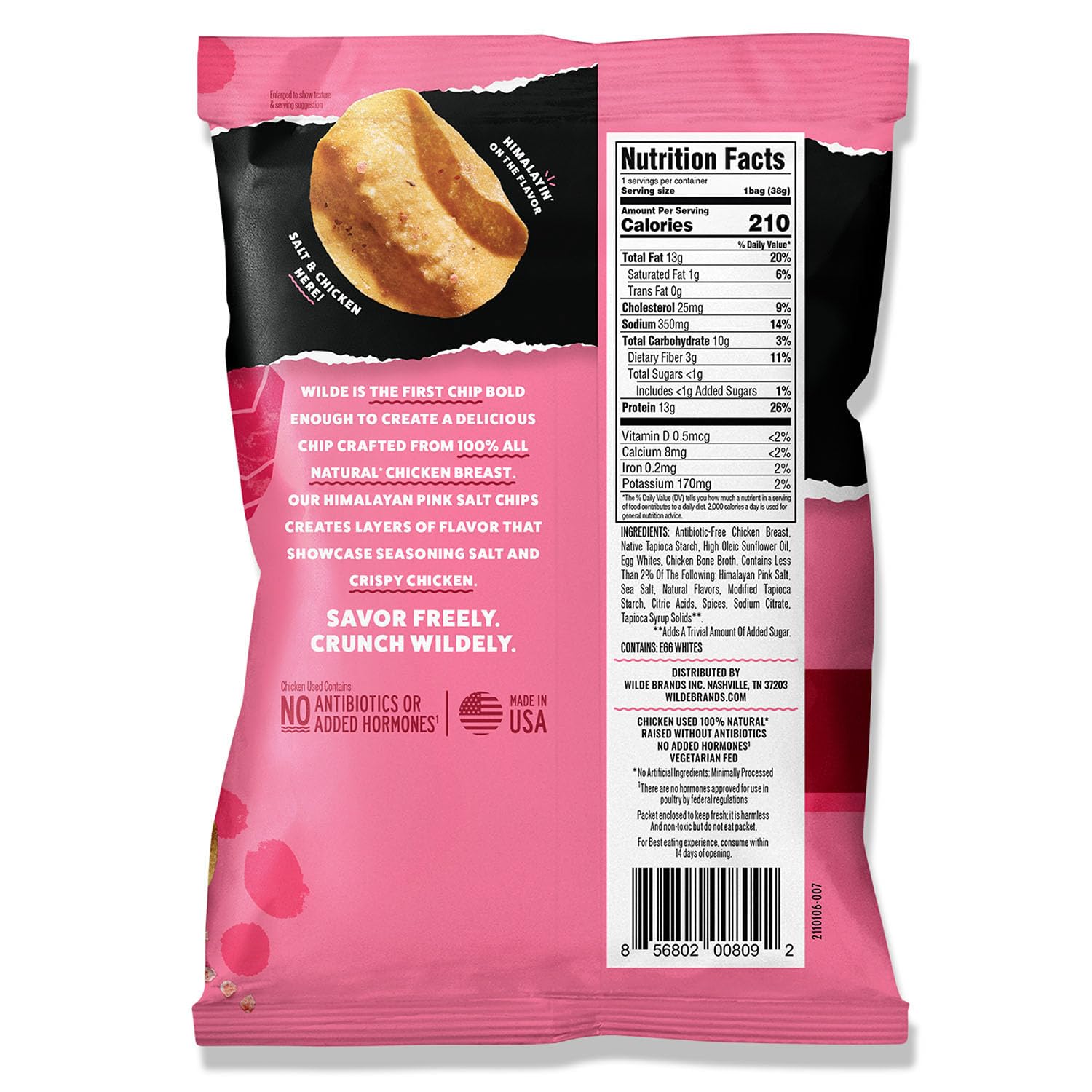 Wilde Protein Chips, Himalayan Pink Salt (1.34 Ounce Bags, Pack Of 8 Bags) Crafted From Real Ingredients: Chicken Breast, Egg Whites, Chicken Bone Broth, Sugar Free, High Protein, Keto Friendly