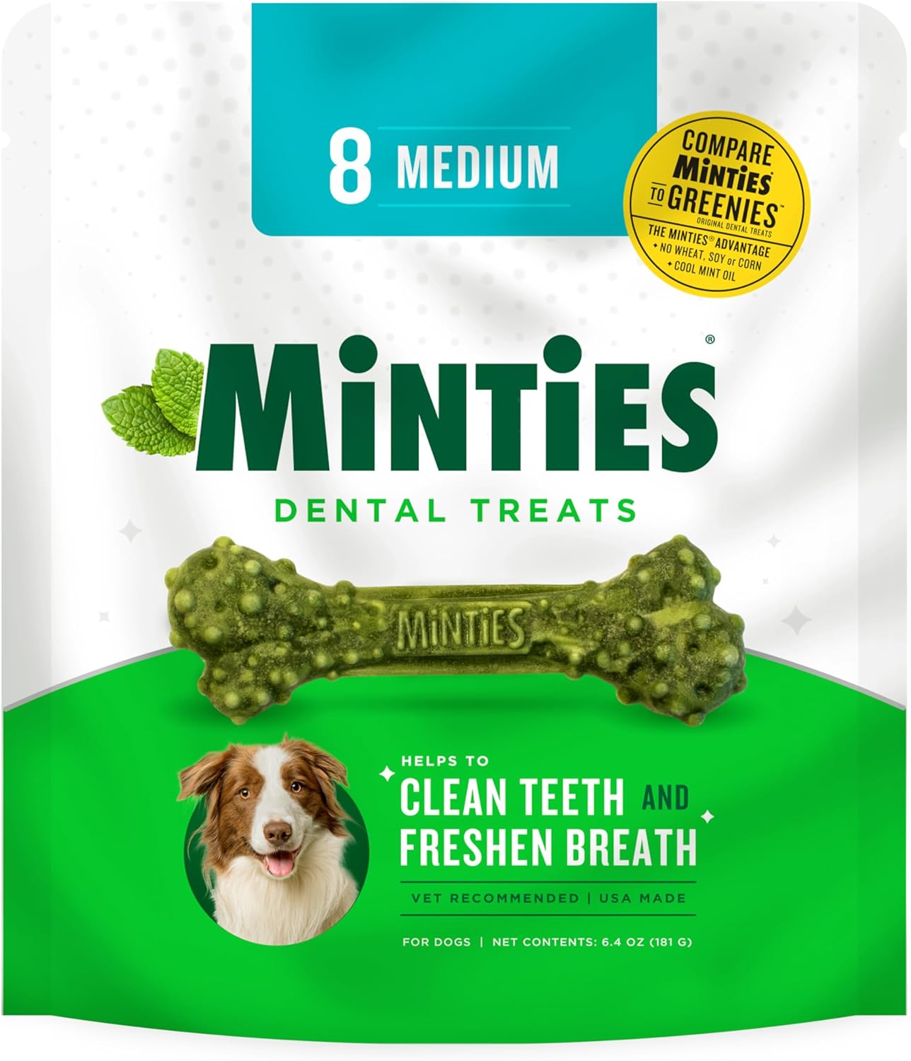 Minties Dental Chews for Dogs, 8 Count, Vet-Recommended Mint-Flavored Dental Treats for Medium Dogs 25-50 lbs, Dental Bones Clean Teeth, Fight Bad Breath, and Removes Plaque and Tartar