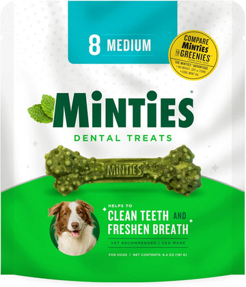 Minties Dental Chews for Dogs, 8 Count, Vet-Recommended Mint-Flavored Dental Treats for Medium Dogs 25-50 lbs, Dental Bones Clean Teeth, Fight Bad Breath, and Removes Plaque and Tartar
