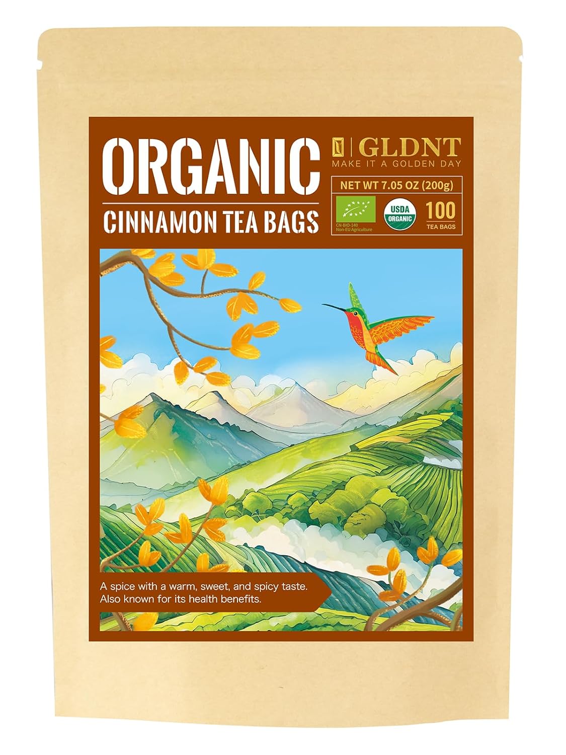 Gldnt Organic Cinnamon Tea Bags, Cinnamon Herbal Tea, Sweet & Slightly Spicy Flavor, Caffeine Free, 100 Count