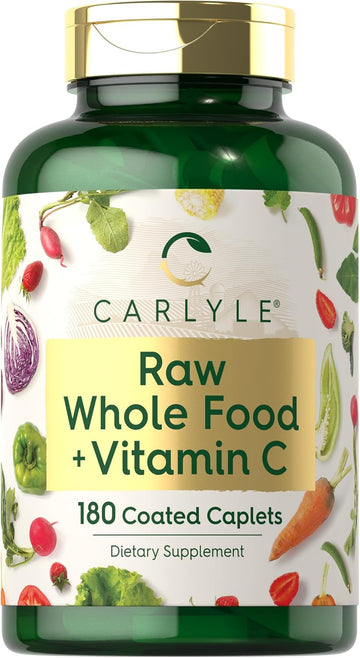 Carlyle Raw Whole Foods Vit C | 180 Coated Caplets | Dietary Supplement | Vegan, Non-Gmo & Gluten Free