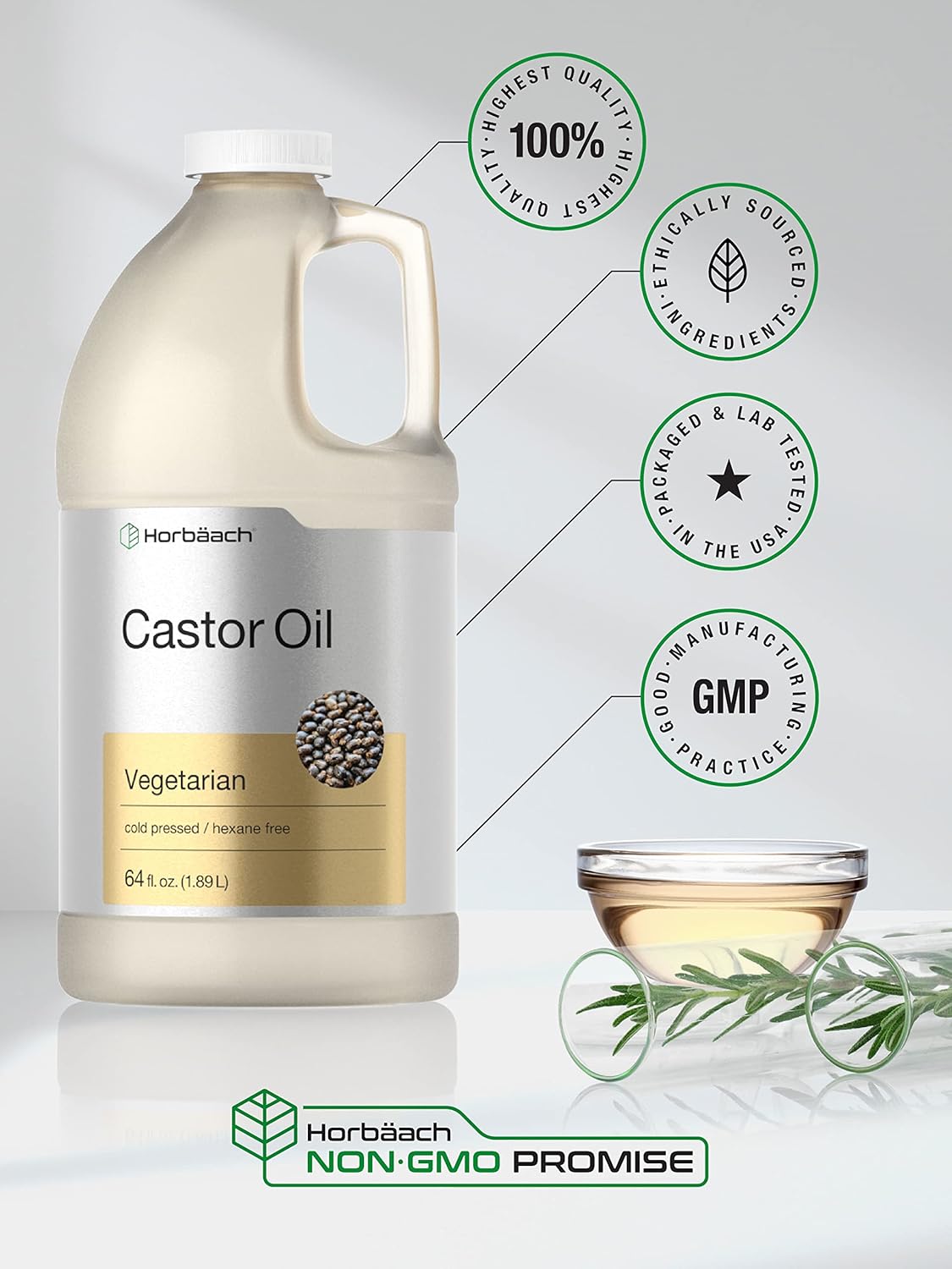 Horbäach Castor Oil 64oz | for Hair, Eyelashes & Eyebrows | Hexane Free & Cold Pressed | Vegetarian, Non-GMO