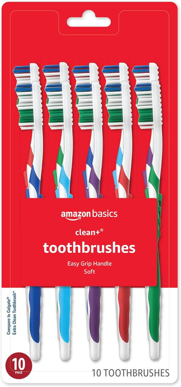 Amazon Basics Clean Plus Toothbrushes, Soft, 10 Count, Assorted Colors (Previously Solimo)