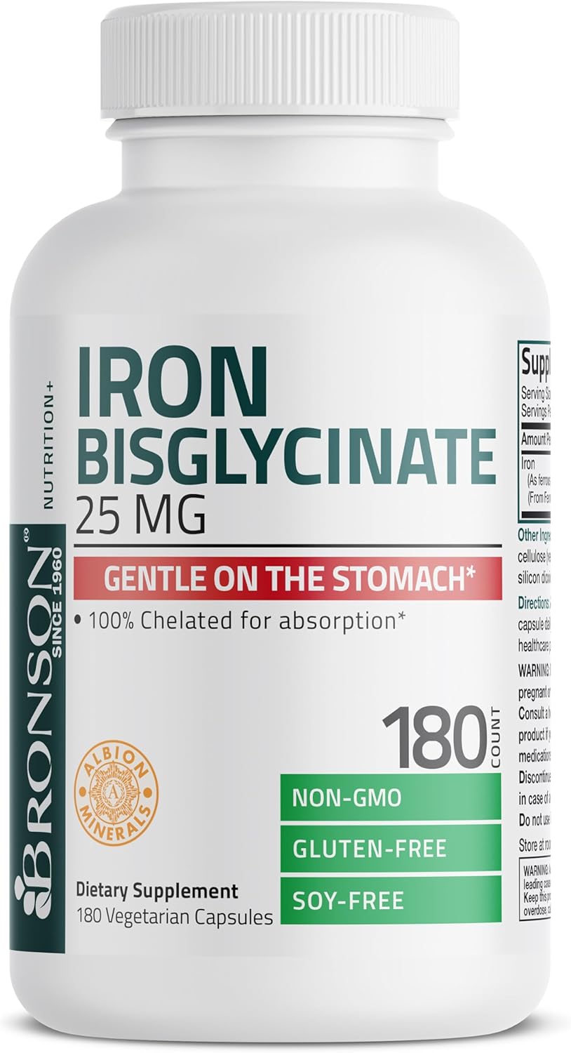 Bronson Iron Bisglycinate 25 mg Gentle on The Stomach, Supports Energy & Healthy Red Blood Cell Production - Non-Constipating Formula - Non GMO, 180 Vegetarian Capsules : Health & Household