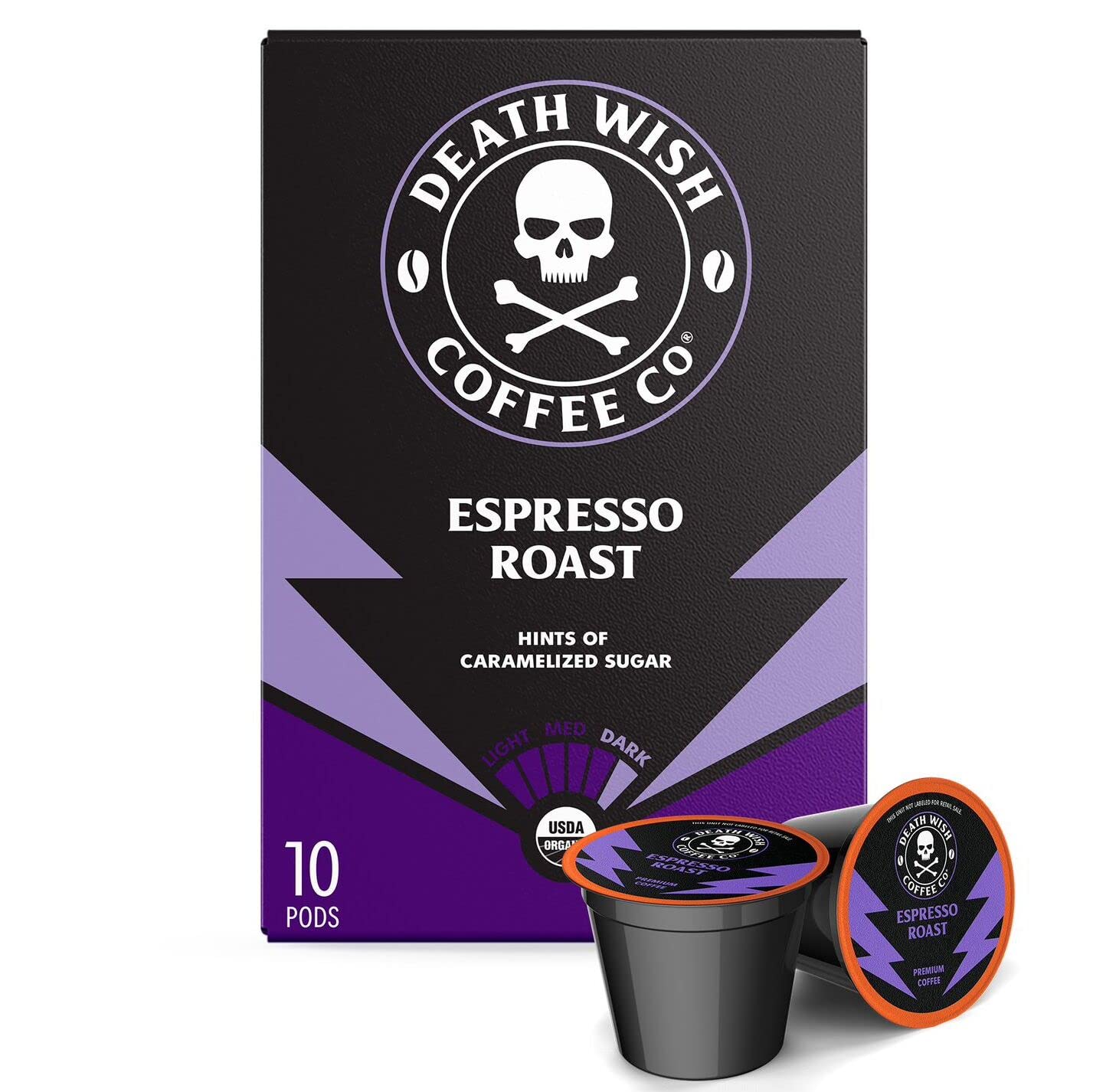 Death Wish Coffee Co. Espresso Roast Single Serve Coffee Pods - Extra Kick Of Caffeine - Fair Trade And Organic Coffee (10 Count)