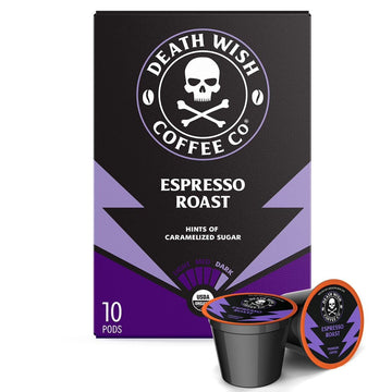 Death Wish Coffee Co. Espresso Roast Single Serve Coffee Pods - Extra Kick Of Caffeine - Fair Trade And Organic Coffee (10 Count)