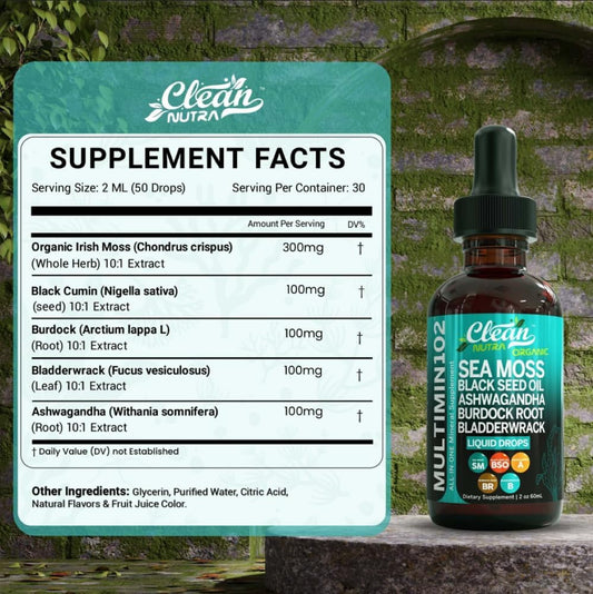 Clean Nutraceuticals Sea Moss Liquid Drops Supplement with Black Seed Oil Ashwagandha Burdock Root & Bladderwrack - Multimineral Organic Non-GMO Vegan for Gut Heath Skin Immune Support Hair (2) : Health & Household