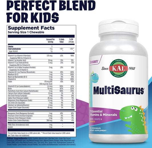 KAL MultiSaurus Kids Chewable Multivitamins, 11 Essential Vitamins and Minerals for Kids, Berry, Grape, Orange Chewables, Gluten and Fructose Free, 180 Servings, 180 Dinosaur-Shaped Chewables