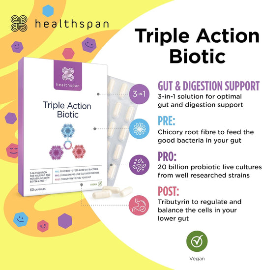 Healthspan Triple Action Biotic | Optimal Gut & Digestion Support | Pre, Pro & Post Gut Health | Chicory Root Fibre | 20 Billion Probiotic Bacteria | Plus Tributyrin | Added Biotin & Zinc | Vegan