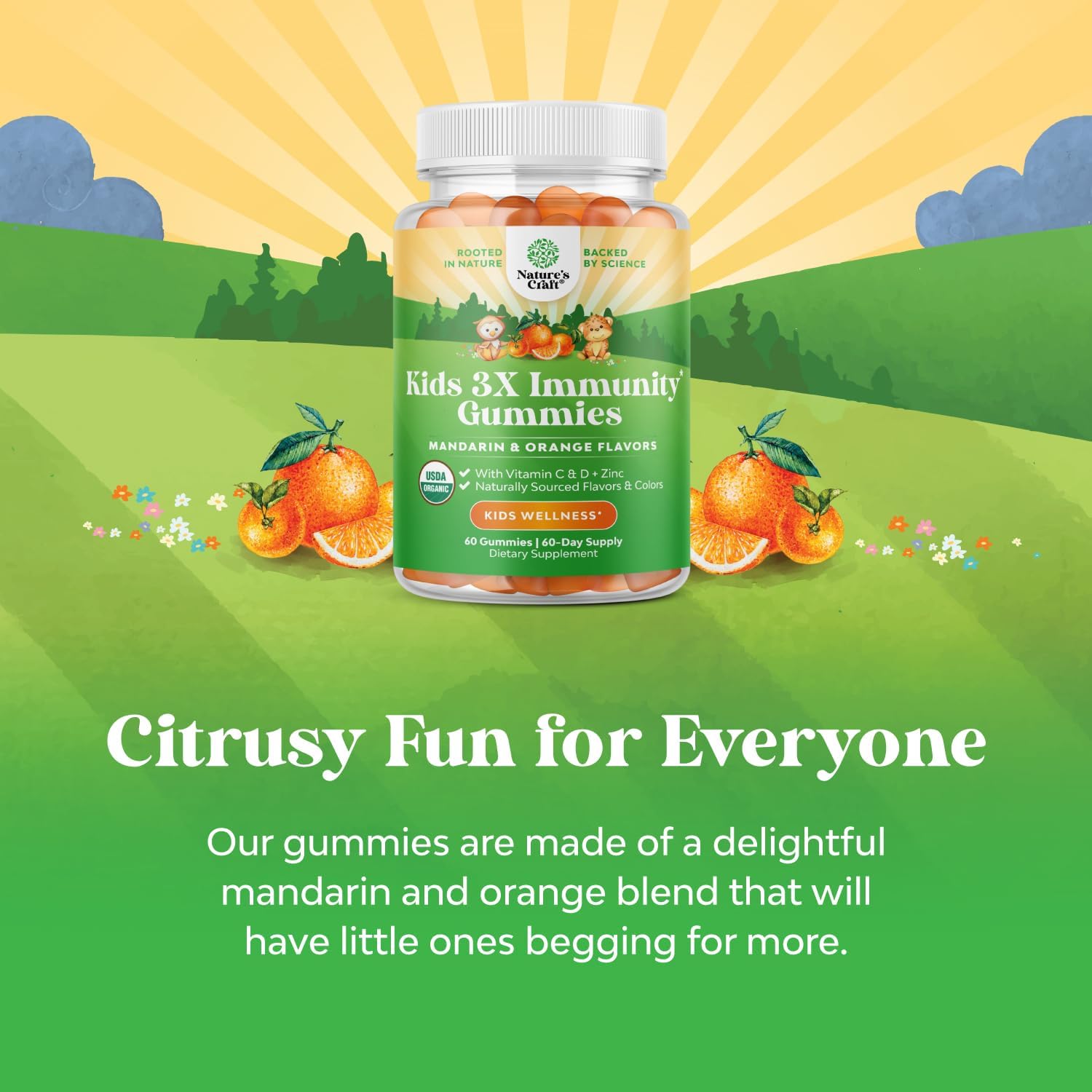 Organic Kids Immune Support Gummies - Vegan Organic Vitamin D Gummies for Kids with Vitamin C and Zinc for Kids Immunity - D3 Zinc and Vitamin C Gummies for Kids - Gluten Free & Non GMO (60 Servings) : Health & Household