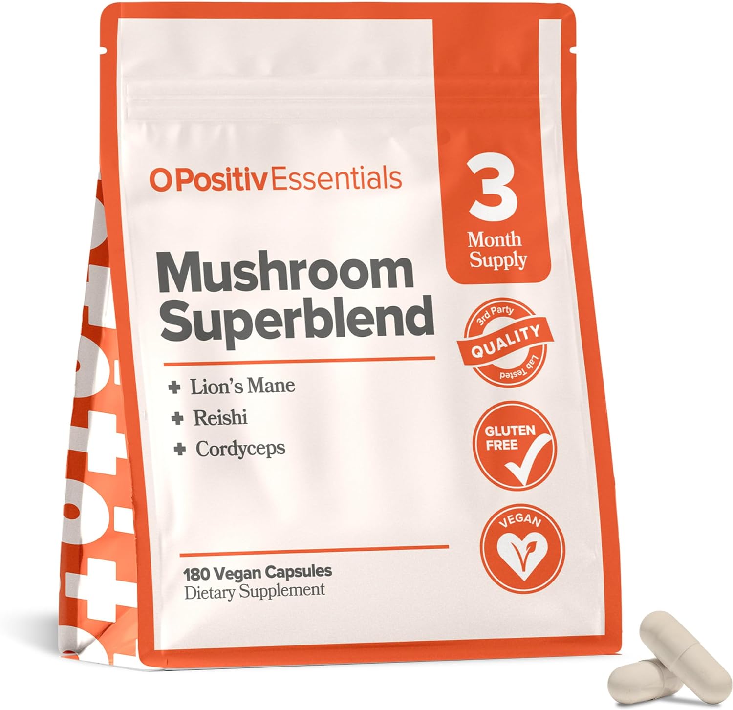O Positiv Organic Mushroom Superblend Capsules - Mushroom Supplement Complex with Reishi, Cordyceps & Lion?s Mane - High-Density Adaptogenic Mushroom Extracts - 90 Servings, 3 Month Bulk Supply