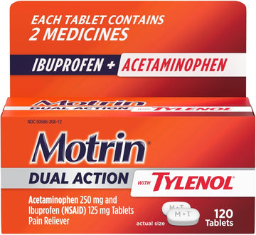 Motrin Dual Action with Tylenol, Pain Reliever Ibuprofen & Acetaminophen, Two Medicines for Minor Aches Pains, (NSAID) 125 mg Acetaminophen 250 mg, 120 ct
