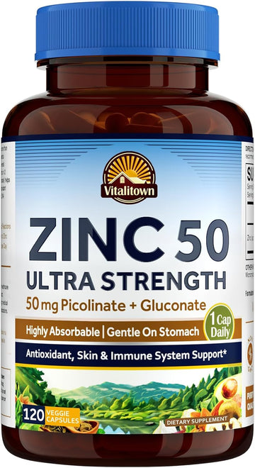 Vitalitown Zinc 50 Mg, Zinc Picolinate, Zinc Gluconate, 120 Veggie Capsules, No Zinc Oxide, Well-Absorbed, Chelated Zinc Supplement, Immune System, Healthy Skin & Development, Vegan, Non-Gmo