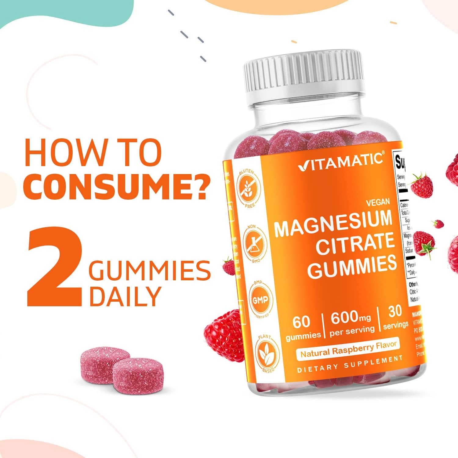 Vitamatic Magnesium Citrate Gummies 600mg per Serving - 60 Vegan Gummies - Promotes Healthy Relaxation, Muscle, Bone, & Energy Support (60 Gummies (Pack of 1)) : Health & Household