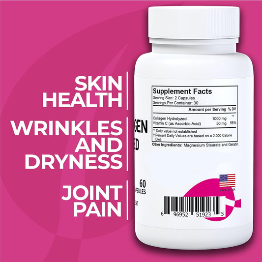 Cólageno Hidrolizado - Pastillas De Colágeno - Piel, Arrugas Y Antienvejecimiento – Fortalecimiento Del Cabello Y Uñas – Dolor En Articulaciones – Collagen Hydrolized Plus Vitamin C 1000 Mg 60 Cap