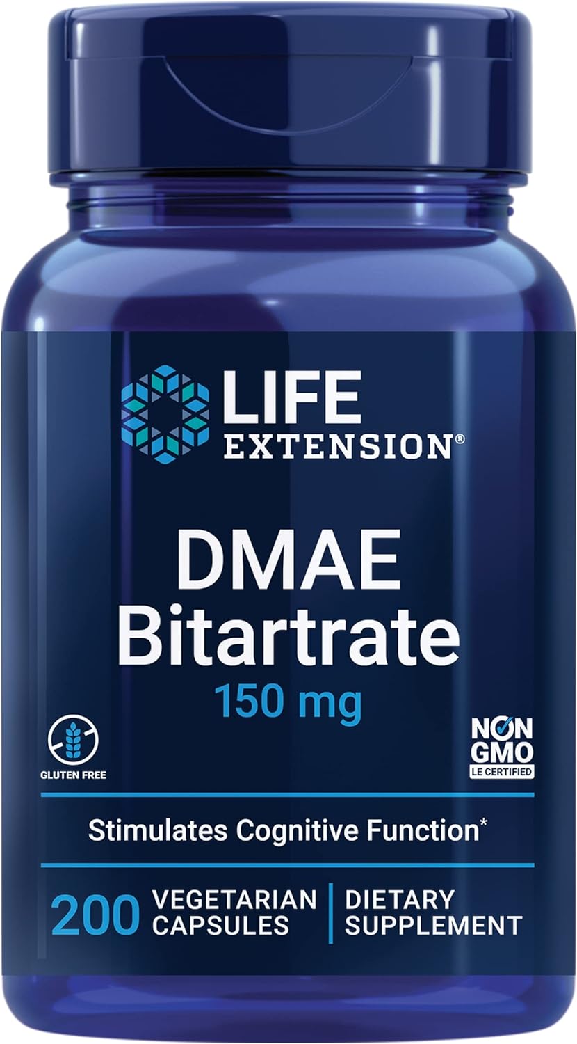 Dmae Bitartrate - Dimethylaminoethanol Supplement For Brain Health, Focus And Memory - Support Essential Neurotransmitter Choline Production - Non-Gmo, Gluten-Free, Vegetarian - 200 Capsules