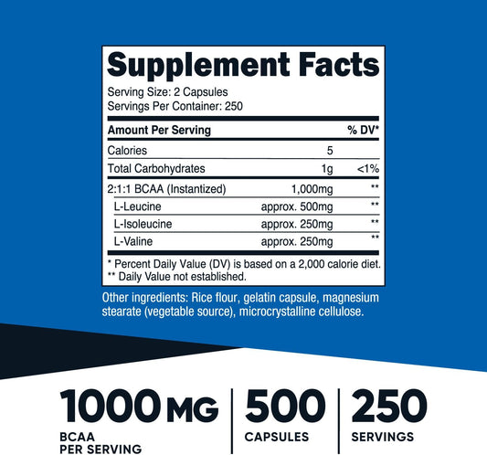 Nutricost Bcaa 1000Mg, 500 Capsules (250 Serv), 2:1:1 Branched Chain Amino Acids (500Mg Of L-Leucine, 250Mg Of L-Isoleucine And L-Valine)