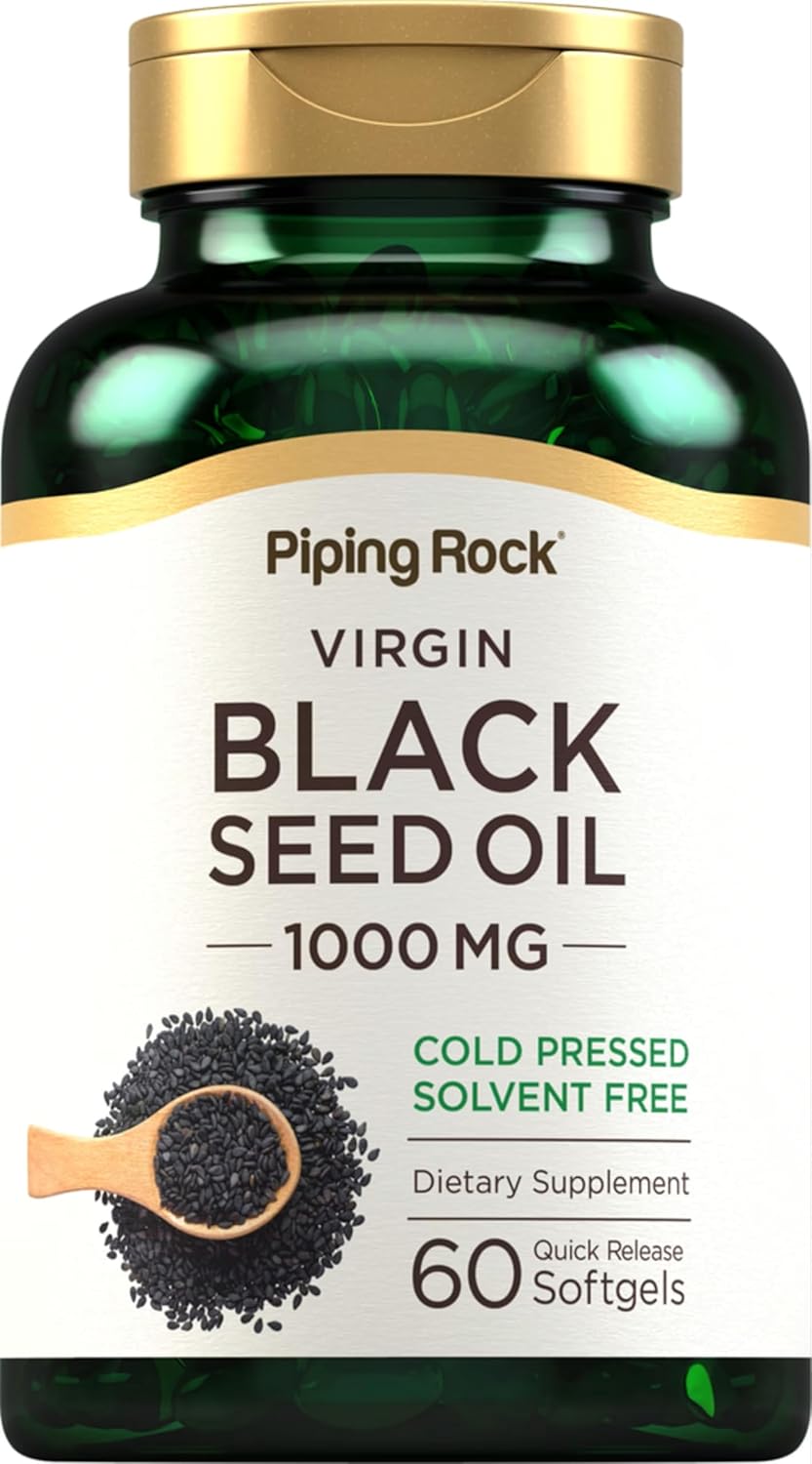 Piping Rock Black Seed Oil Pills | 1000mg | 60 Softgels | Cold Pressed Solvent Free | Non GMO, Gluten Free Supplement