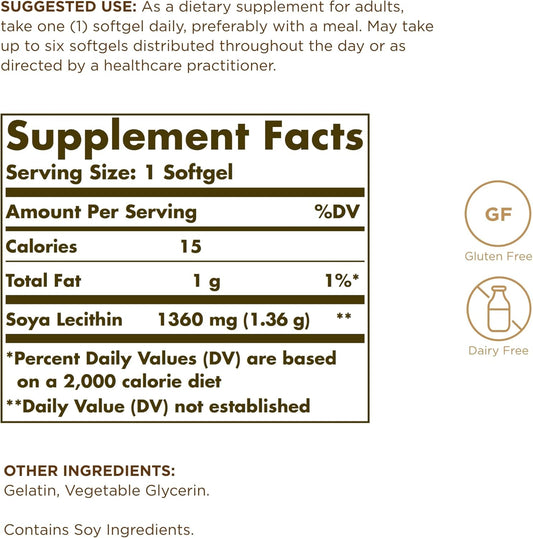 Solgar Soya Lecithin 1360 Mg - 100 Softgels - Source Of Choline - Gluten & Dairy Free - 100 Servings