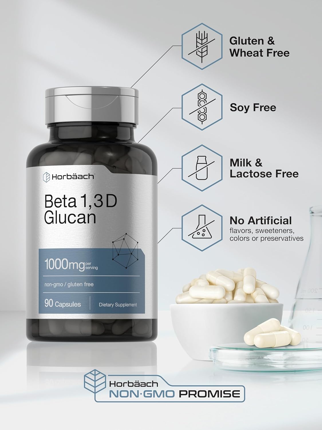 Horbäach Beta Glucan 1 3D 1000 mg | 90 Capsules | Beta 1,3, 1,6 D Glucan | Non-GMO, Gluten Free Supplement : Health & Household