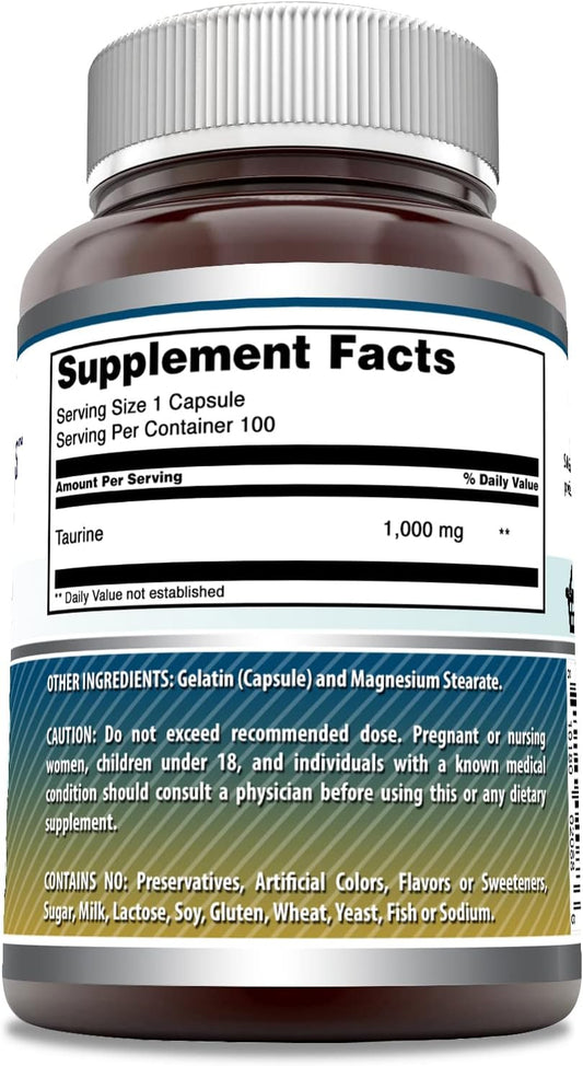 Amazing Formulas Taurine 1000mg 100 Capsules Amino Acid Supplement | N