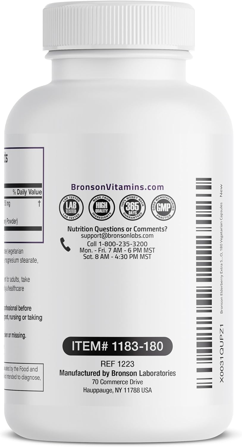 Bronson Elderberry Extra Strength, Supports Healthy Immune System & Antioxidant Protection, Non GMO, 180 Vegetarian Capsules : Health & Household