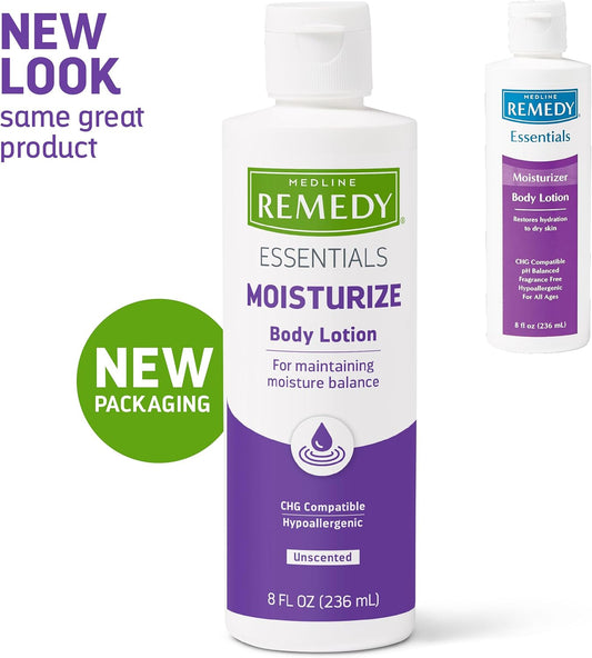 Medline Remedy Essential Moisturizing Body Lotion (8 Oz Bottle), 36 Count, Unscented, Hydrating, Soothing For Dry Skin, Smooths & Softens, Non-Greasy, Hypoallergenic, Men, Women, Elderly