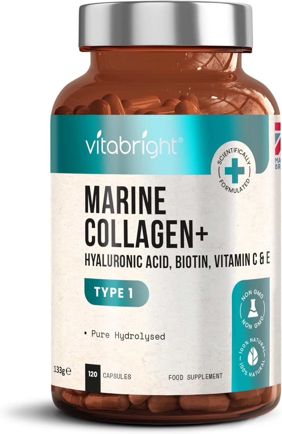 Marine Collagen with Hyaluronic Acid, 1000 mg 9-Nutrient Collagen Complex, 120 VitaBright Marine Collagen Capsules (Not Collagen Powder, Not Tablets) Hydrolyzed Collagen Supplements for Women & Men