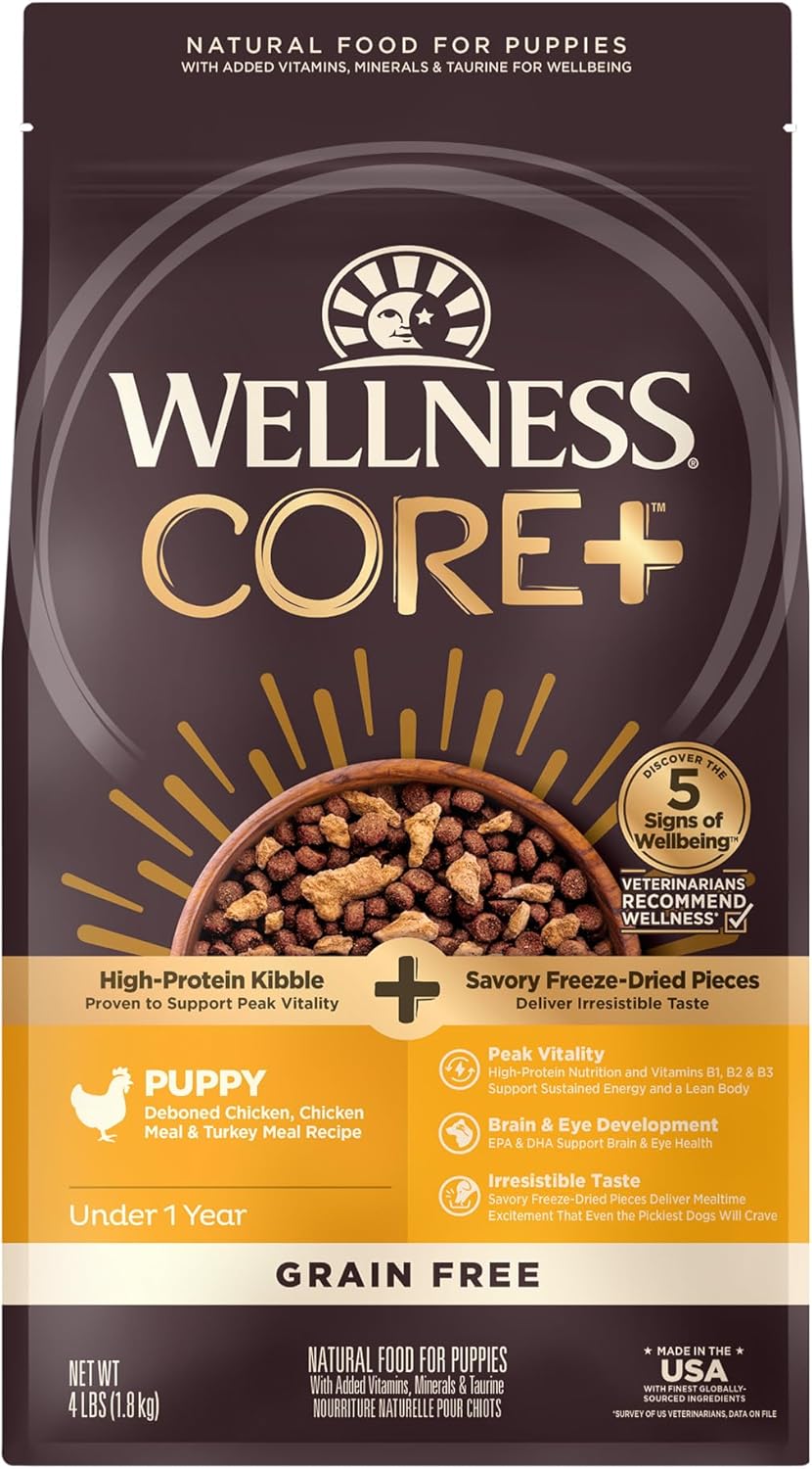 Wellness Core+ (Formerly Rawrev) Grain Free Natural Dry Puppy Food, Puppy Deboned Chicken & Turkey With Freeze Dried Turkey Recipe , 4-Pound Bag