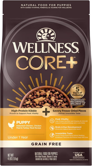 Wellness Core+ (Formerly Rawrev) Grain Free Natural Dry Puppy Food, Puppy Deboned Chicken & Turkey With Freeze Dried Turkey Recipe , 4-Pound Bag