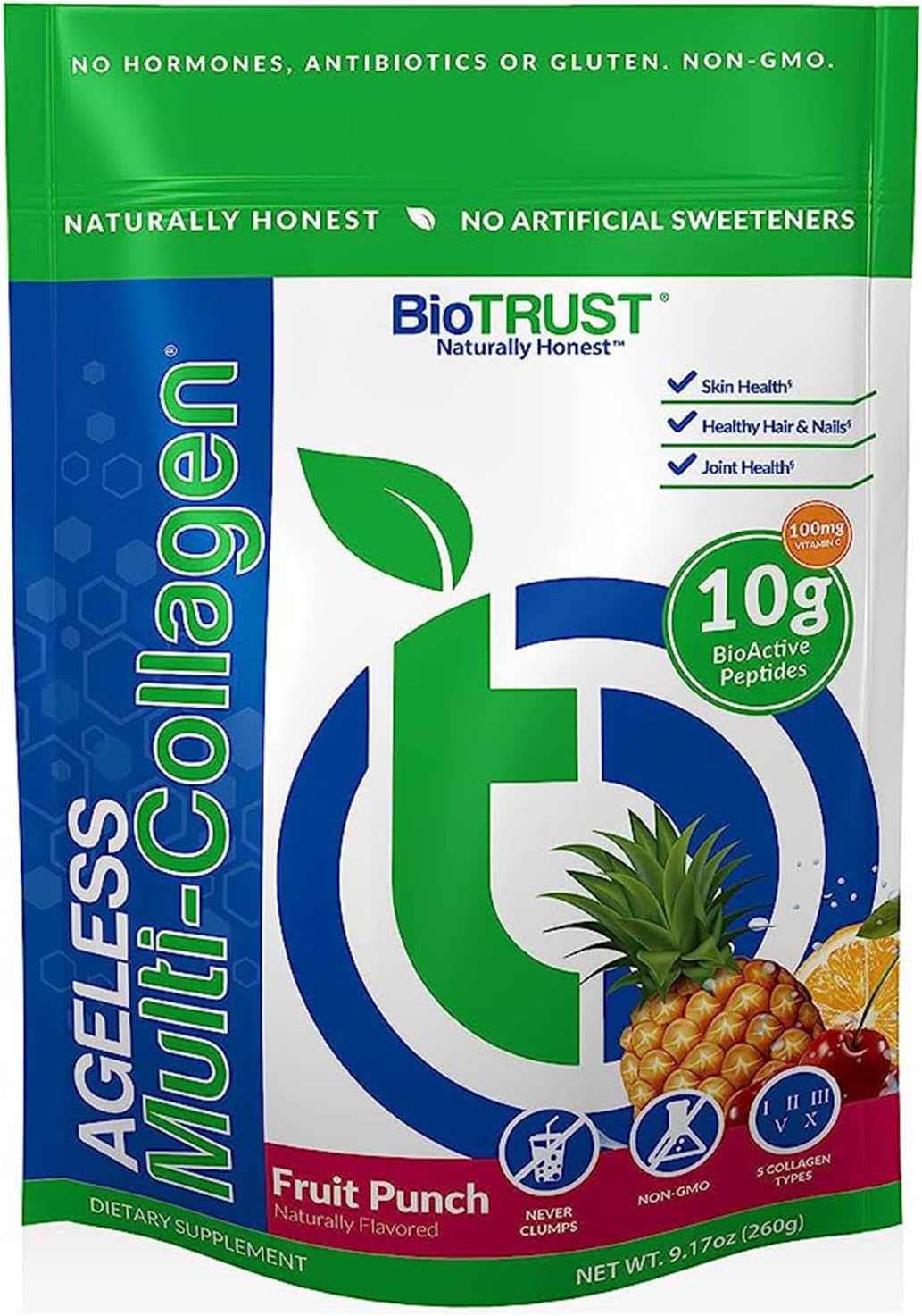 Biotrust Ageless Multi Collagen Peptides Powder – 5 Types (I, Ii, Iii, V, X) – Fruit Punch Collagen Powder For Women & Men – Hydrolyzed Protein – Grass Fed Beef, Fish, Chicken, Eggshell Membrane