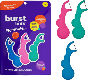 BURSTkids Flossables Kids Flossers - Kids Floss Picks with Ergonomic Design, No-Slip Grip, Smiley Face and Fun Colors - Toddler & Kids Dental Floss Ages 3+ - Strawberry Aroma - 1 Pack (90 Count)