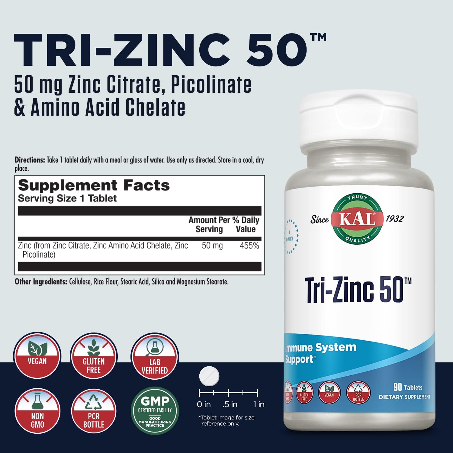 KAL Tri Zinc 50mg w/Zinc Citrate, Zinc Amino Acid Chelate and Zinc Picolinate, Healthy Metabolism and Immune Support Supplement, Vegan, Gluten Free, Non-GMO, 60-Day Guarantee, 90 Servings, 90 Tablets