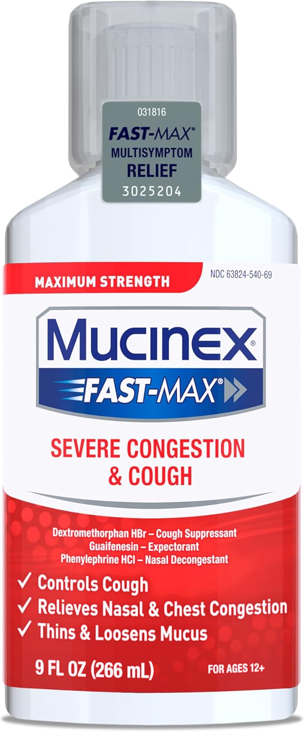 Congestion And Cough Liquid, Mucinex Fast-Max Severe Congestion And Cough Liquid, 9 Fl.Oz, Fast Acting Maximum Strength Formula Relieves Nasal & Chest Congestion, Controls Cough, Thins & Loosens Mucus