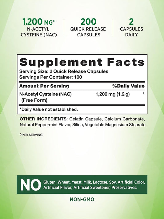 Nature'S Truth Nac N-Acetyl Cysteine | 1,200Mg | 200 Capsules | Free Form Amino Acid | Non-Gmo & Gluten Free Supplement