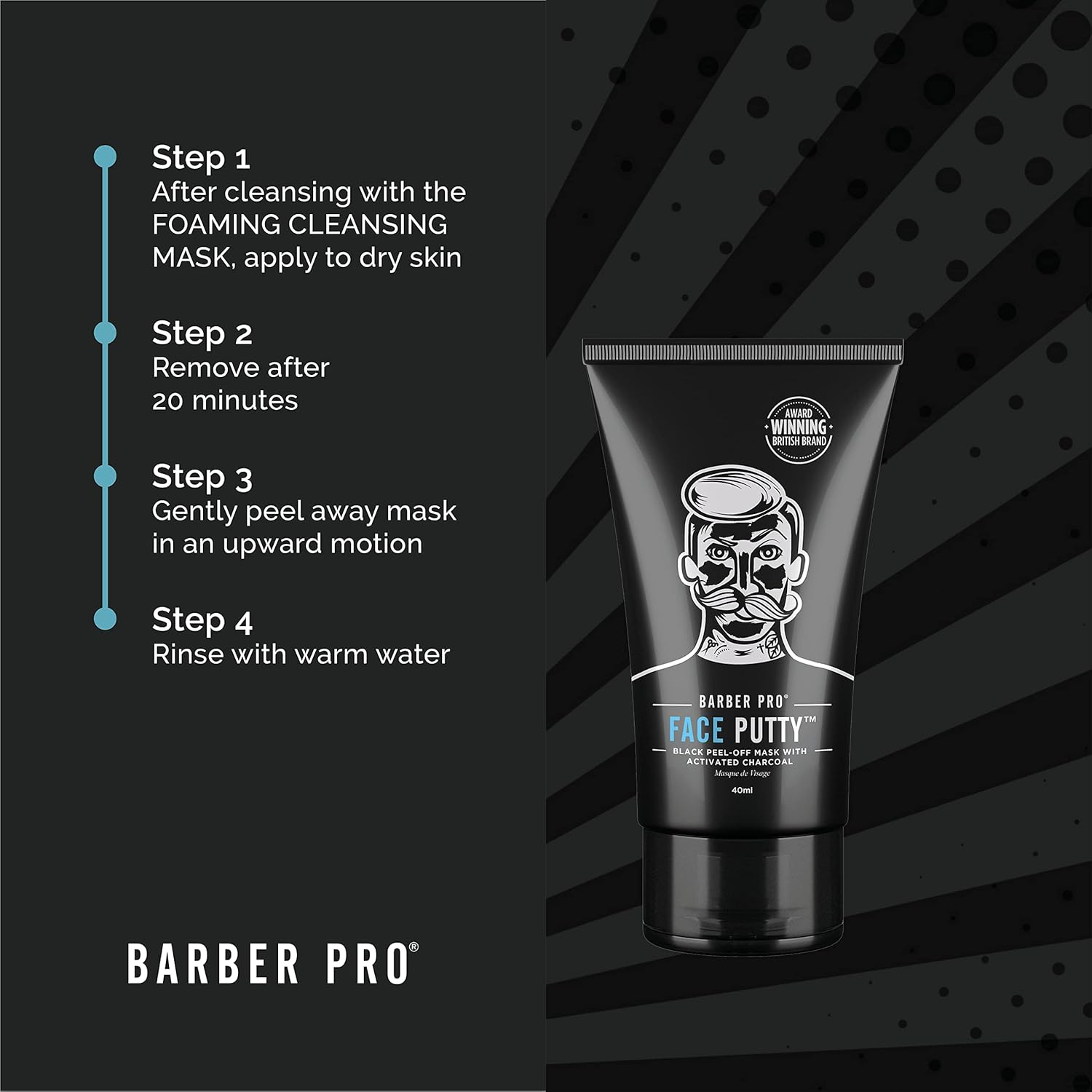 BARBER PRO FACE PUTTY Black Peel Off Mask with Activated Charcoal Detoxifying Unclog Pores Deep Cleansing & Brightening Mens Skincare Multi Award Winning Brand 40ml : Amazon.co.uk: Beauty