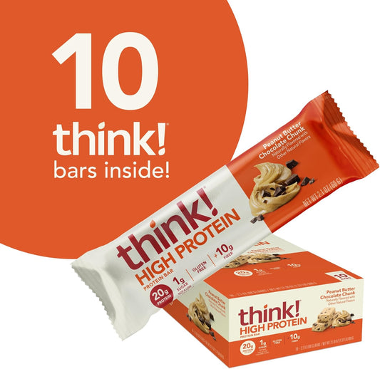 Think! Protein Bars, High Protein Snacks, Gluten Free, Kosher Friendly, Peanut Butter Chocolate Chunk, 10 Count