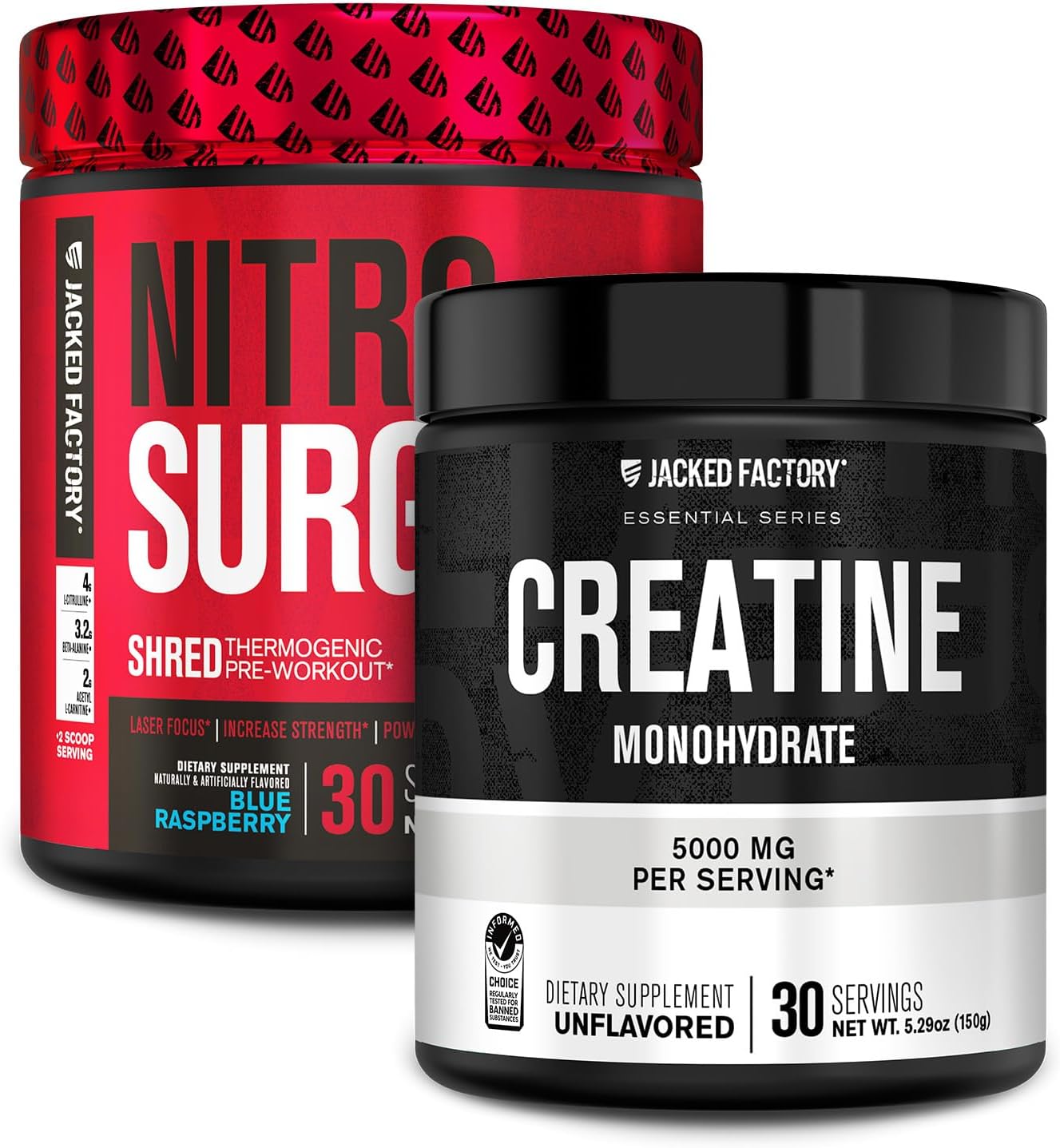 Jacked Factory Nitrosurge Shred Pre Workout Supplement (Blue Raspberry, 30 Servings) & Creatine Monohydrate Powder (Unflavored, 30 Servings)