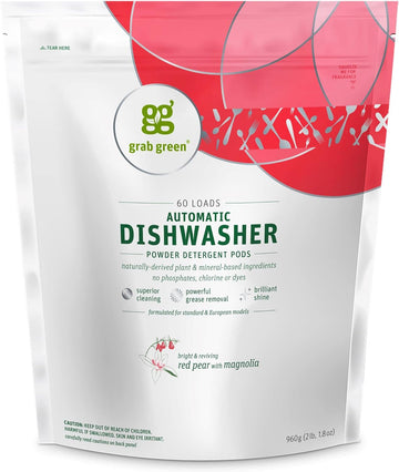 Grab Green Automatic Dishwashing Detergent Pods, 60 Count, Red Pear Magnolia Scent, Plant and Mineral Based, Superior Cleaning, Powerful Grease Removal, Brilliant Shine