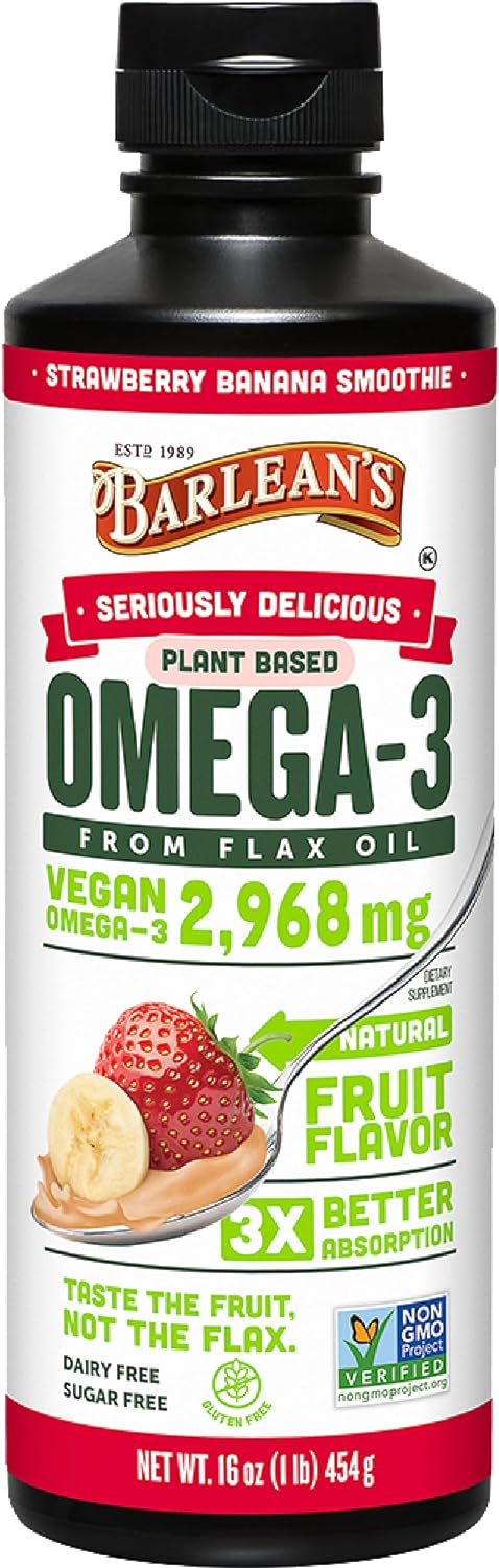 Barlean's Strawberry Banana Omega 3 Liquid Flaxseed Oil with 2,968 mg Vegan Omegas 3 6 9, Smoothie Supplements for Kids & Adults from Cold Pressed Flax Seed Oil, Non-GMO & Gluten Free, 16 oz