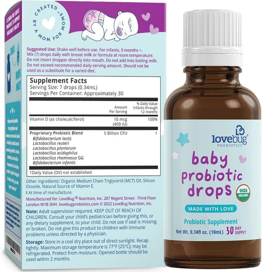 Lovebug Award Winning USDA Organic Probiotic for Infants & Babies | Helps with Colic, Reflux, Diarrhea, Constipation & Gas | Multi-Strain 5 Billion CFU | Liquid Drops | Ages 0-24 Months