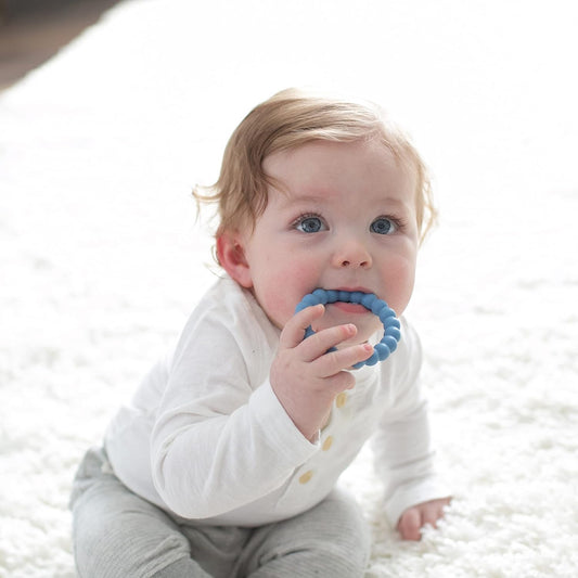 Dr. Brown'S Flexees Beaded Teether Rings, 100% Silicone, Soft & Easy To Hold, Encourages Self-Soothe, 3 Pack, Blue, Light Blue, Black, Bpa Free, 3M+