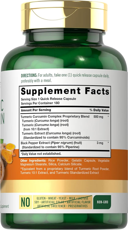 Carlyle Turmeric Curcumin with Bioperine | 500 mg | 180 Powder Capsules | Support Complex with Black Pepper | Non-GMO, Gluten Free Supplement