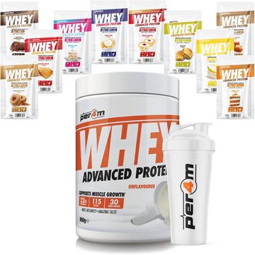 Per4M Advanced Whey Protein Powder | 30 Serving Low Sugar Protein Shake With Amino Acids | Perfect For Your Gym Bag And Travel | Shaker & 5 Mixed Selection Sachets (900G, Neapolitan Ice Cream)