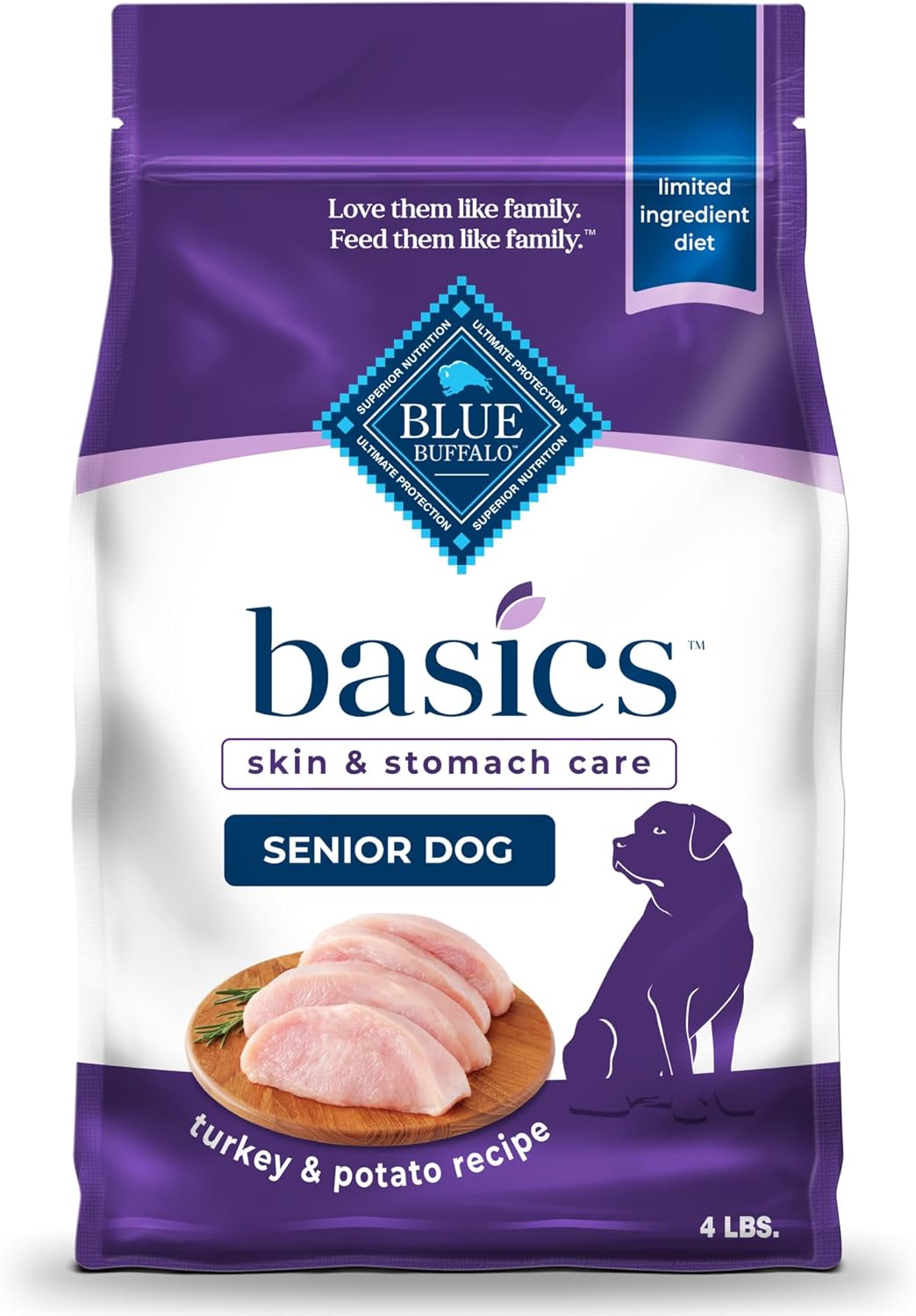 Blue Buffalo Basics Grain-Free Senior Dry Dog Food, Skin & Stomach Care, Limited Ingredient Diet, Turkey Recipe, 4-Lb. Bag