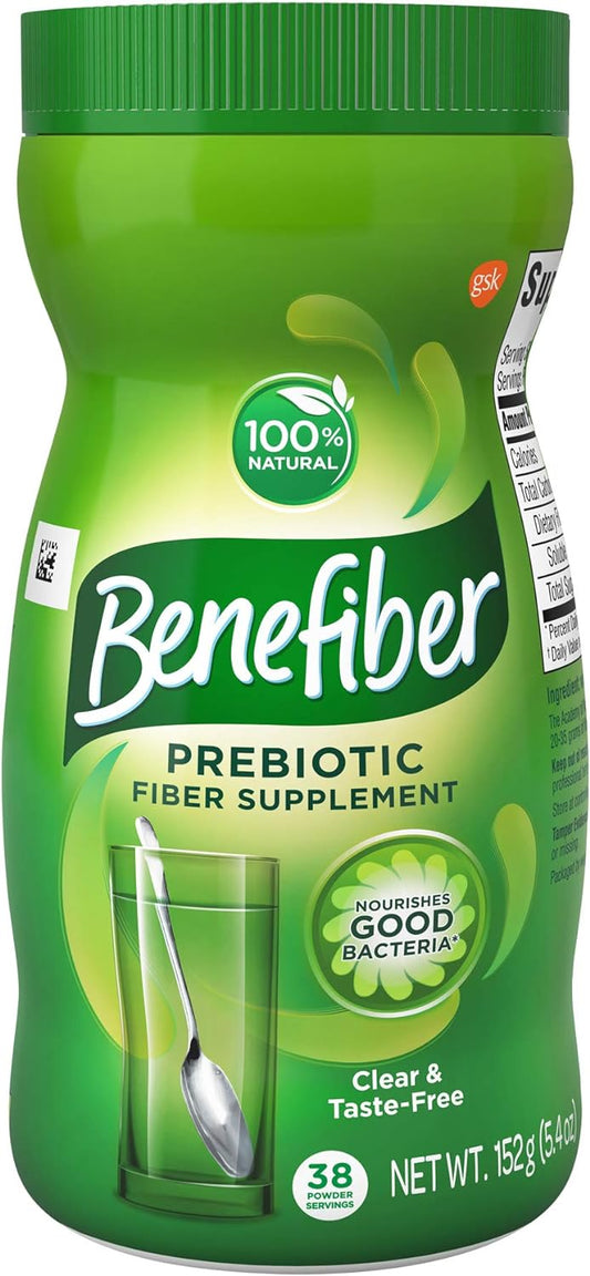 Benefiber Daily Prebiotic Dietary Fiber Supplement Powder for Digestive Health, 100% Natural, Clear and Taste-Free, 38 servings / 5.4 ounces